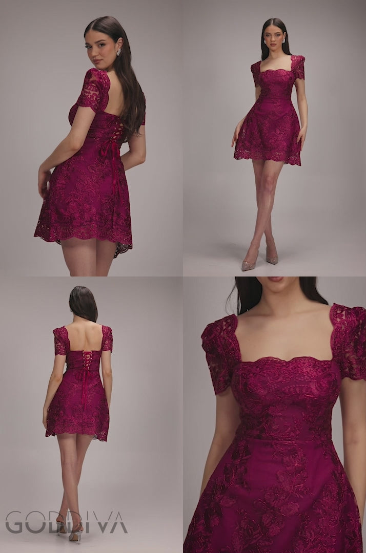 Scallop Edge Corset Back Structured Lace Mini Dress - Burgundy DR4966