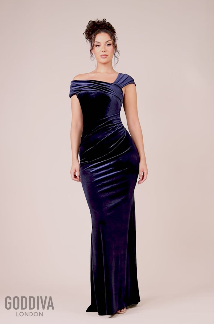 One Shoulder Velvet Maxi Dress - Navy DR4578