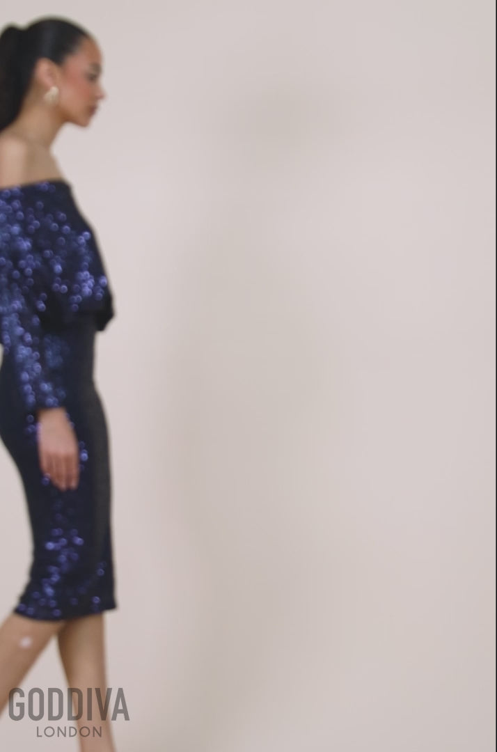 Sequin Cowl Neck Midi Dress - Navy DR3321