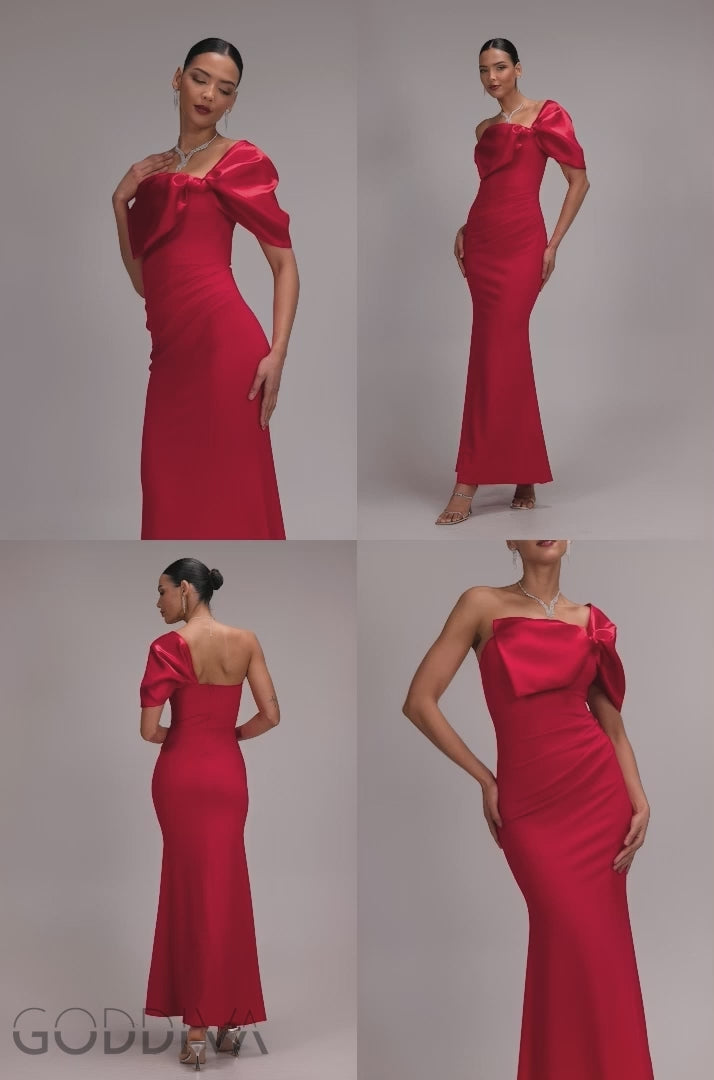 Off The Shoulder Satin Bow Neck Maxi Dress - Red DR5073