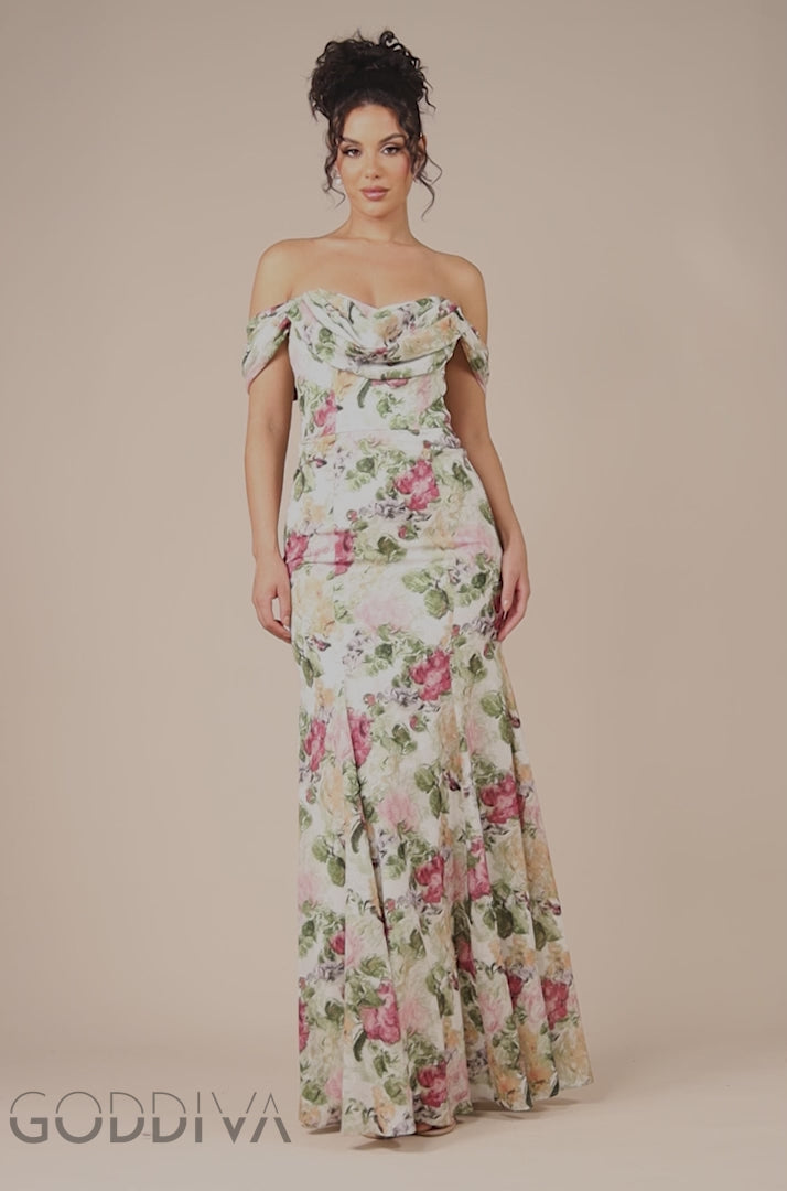 Cowl Neck Floral Print Jacquard Chiffon Maxi Dress - Cream DR4583