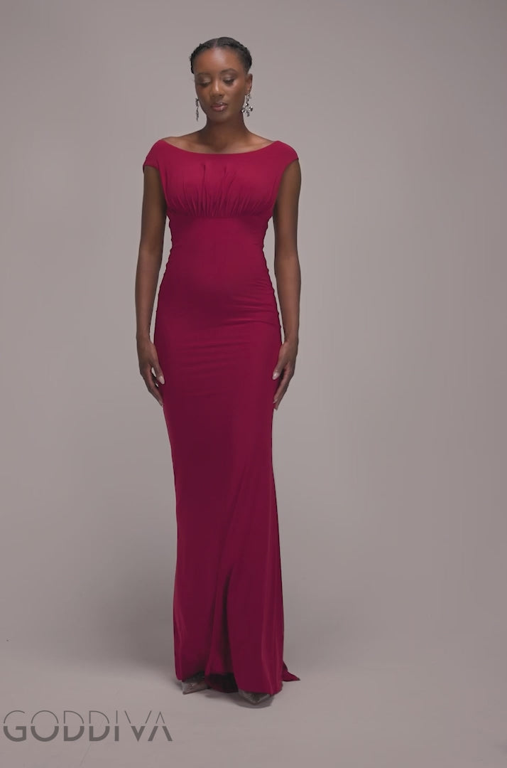 Open Back Cowl Neck Gathered Maxi Dress With Velvet Tie Back - Wine DR4856