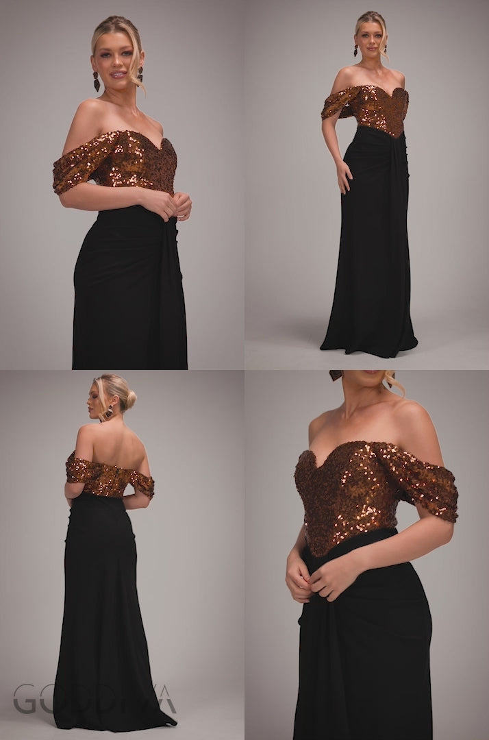 Corset Sequin Wing Bodice Scuba Skirt Maxi Dress - Bronze DR4816