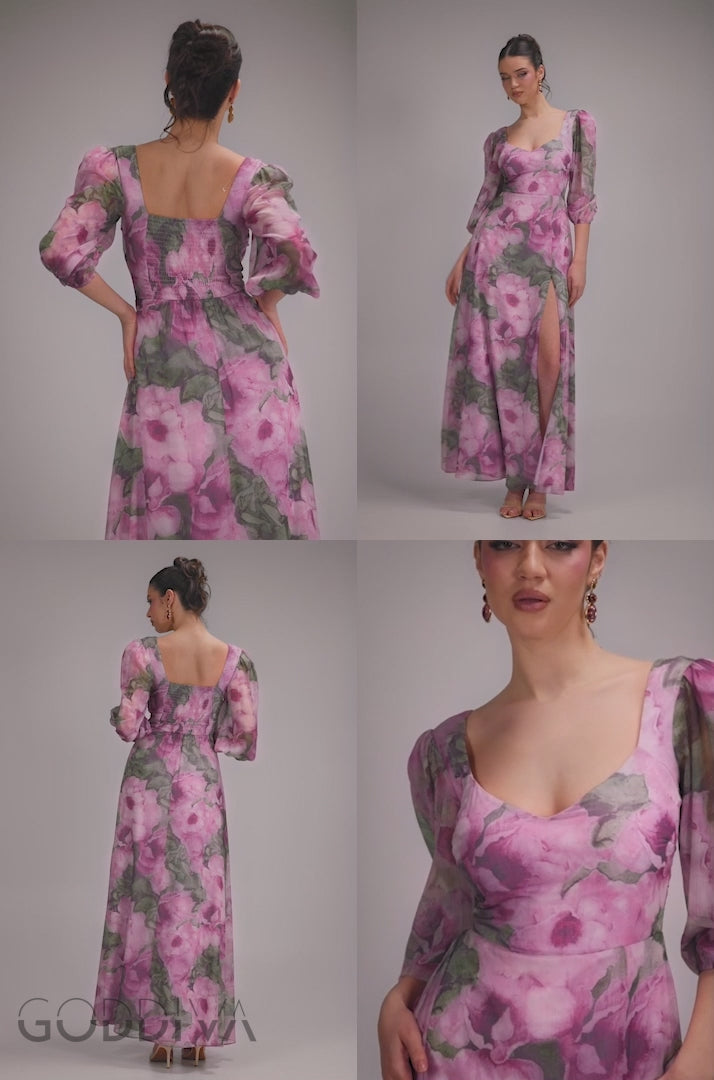 Puff Sleeve A-Line Printed Chiffon Maxi Dress With Split - Blush Pink DR4550
