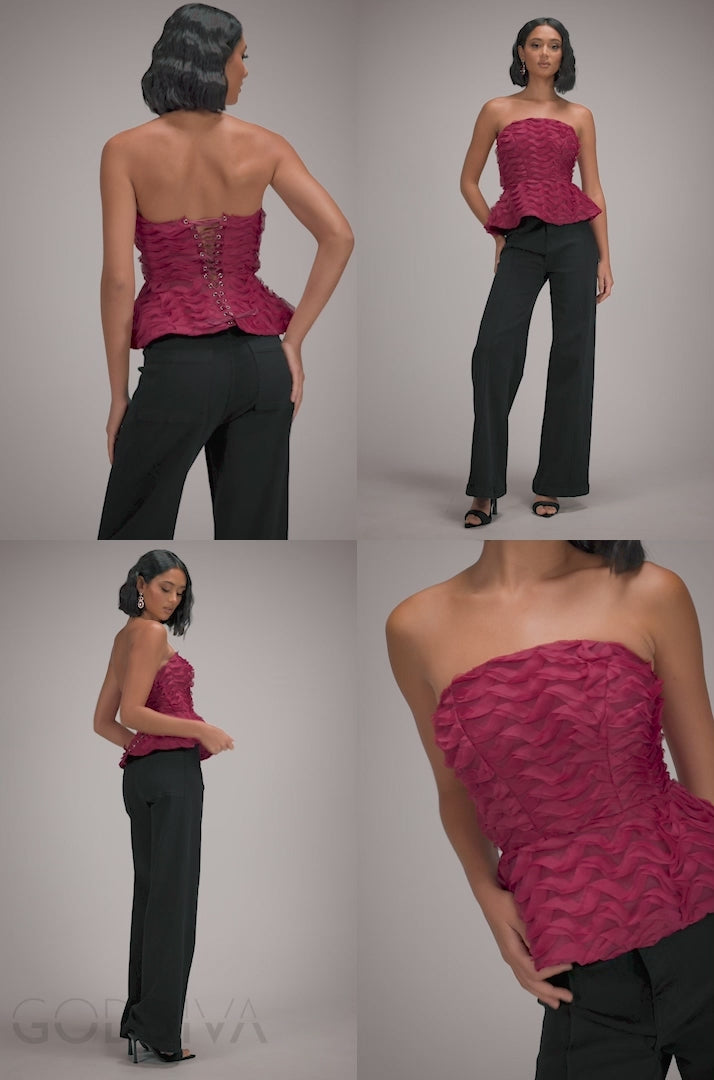 Peplum 3D Textured Boob Tube Lace Up Corset - Burgundy T262