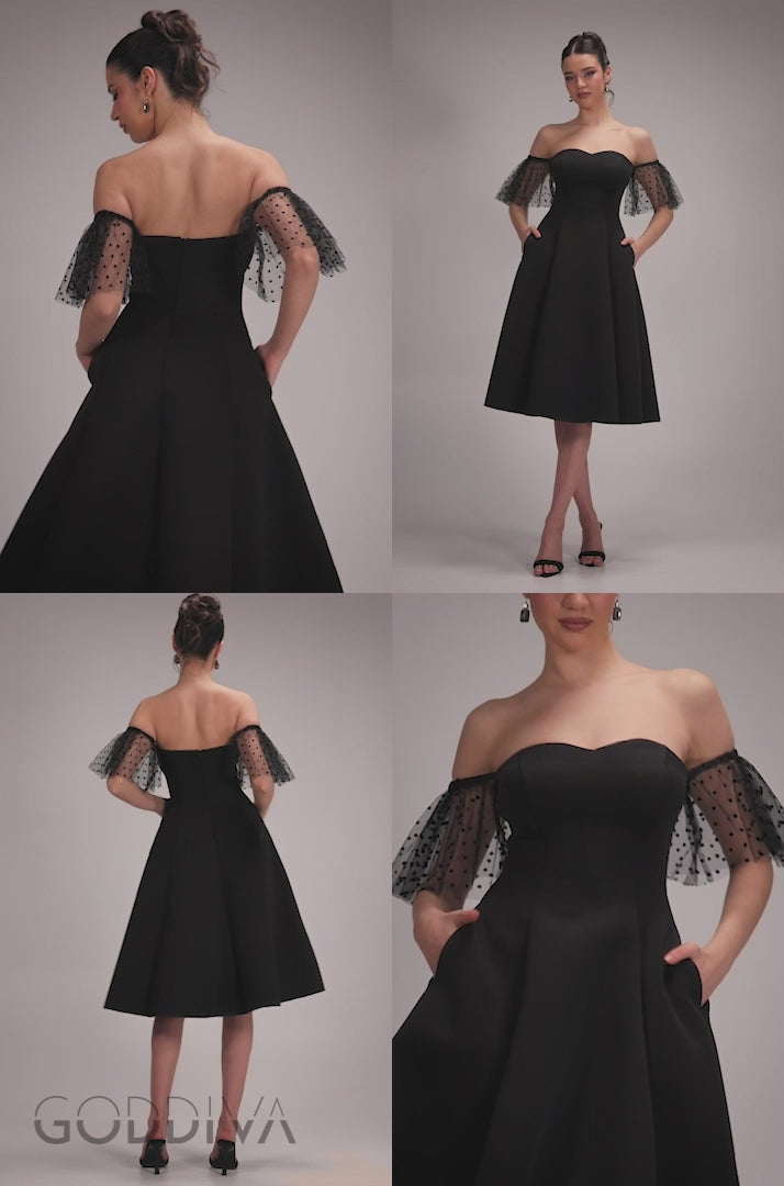 Scuba & Polka Mesh Off The Shoulder Midi Dress - Black DR5016