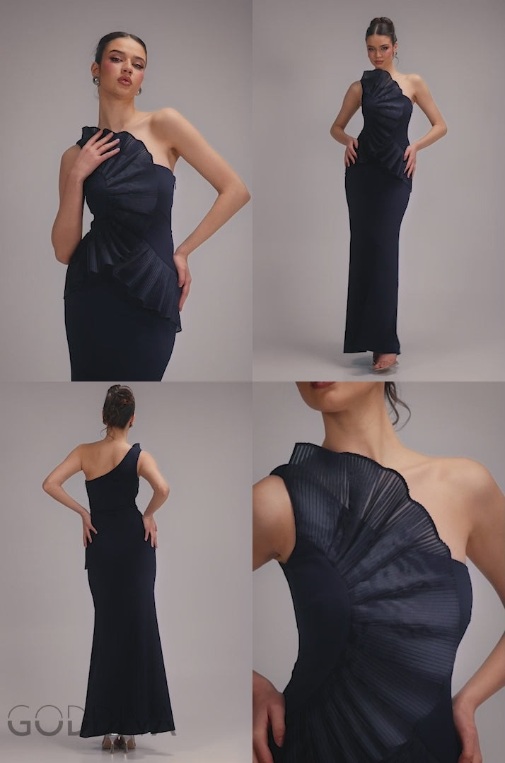 One Shoulder Pleated Fan Maxi Dress - Navy Blue DR4075