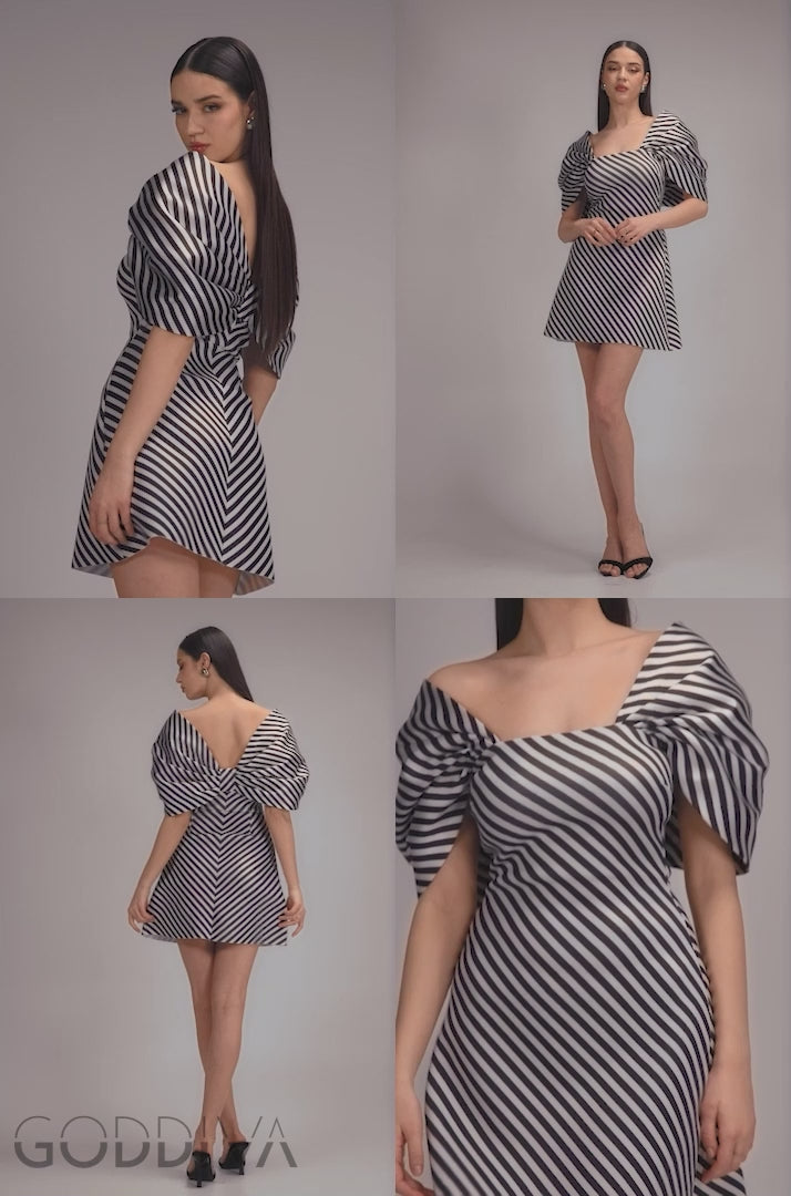 Stripe Off Shoulder Bow Back Satin Bow Mini Dress - Black White DR5053