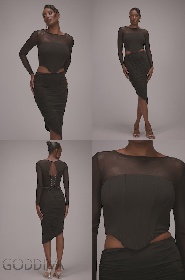 Scuba Crepe And Mesh Lace Up Corset Top - Black T264
