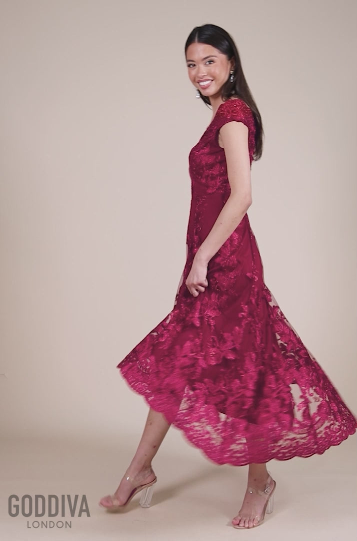 Embroidered Lace Midi Dress With Asymmetrical Hem - Wine DR2089QZ