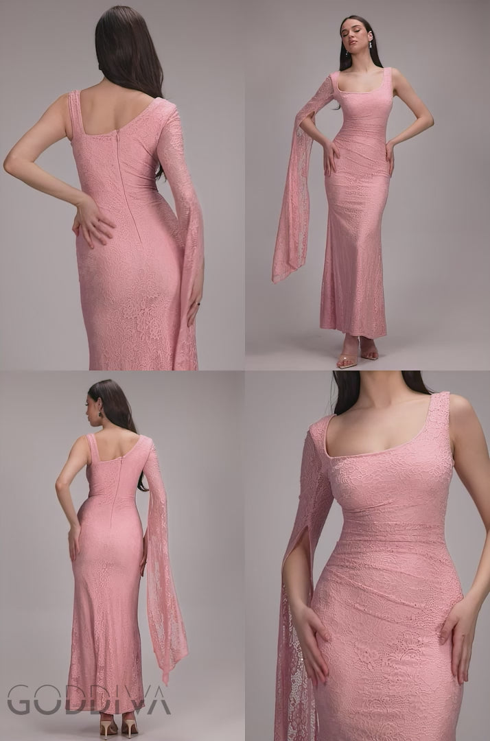 One Shoulder Cape Sleeve Pleated Lace Maxi Dress - Blush Pink DR5065
