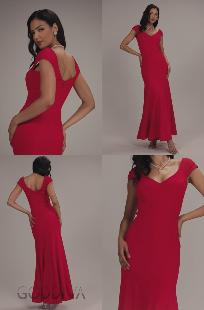 Capped Sleeve V Neck Pleated Fit & Flare Maxi Dress - Red DR5117