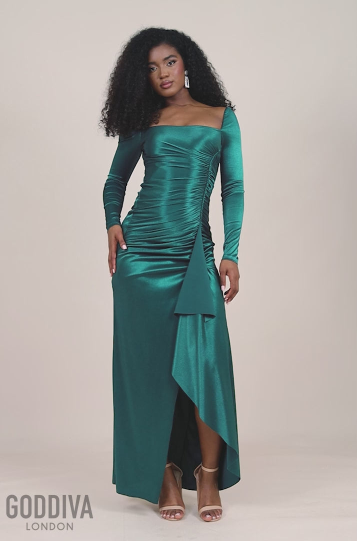 Slinky Satin One Shoulder Split Maxi Dress - Emerald Green DR4388