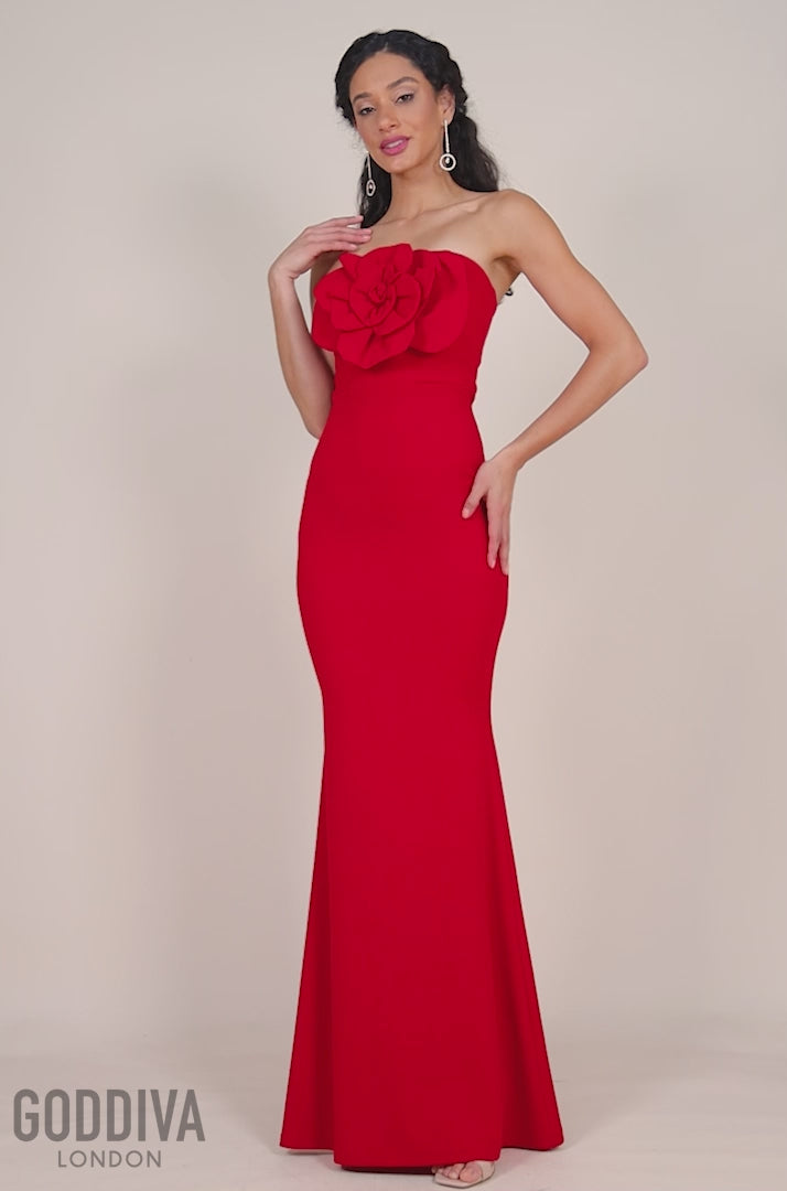 Scuba Crepe Bandeau Rose Maxi Dress - Red DR4243