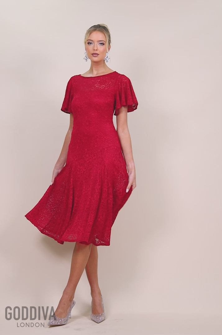 Flutter Sleeve Lace A-Line Midi Dress - Red DR4498