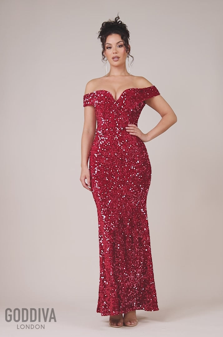 Sequin Velvet Bardot Evening Maxi Dress - Red DR4525