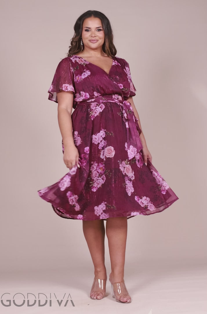 Floral Print Wrap Chiffon Midi Dress - Berry Floral DR3435PQZ
