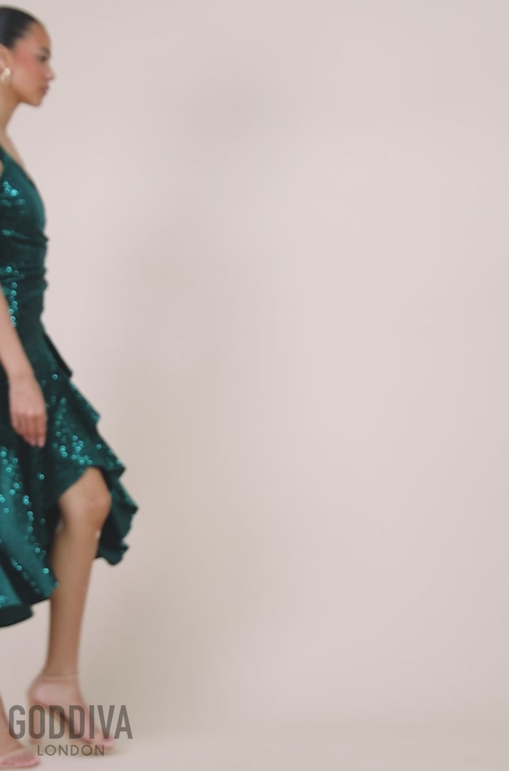 Sequin & Velvet Bardot High Low Midaxi Dress - Emerald Green DR3622