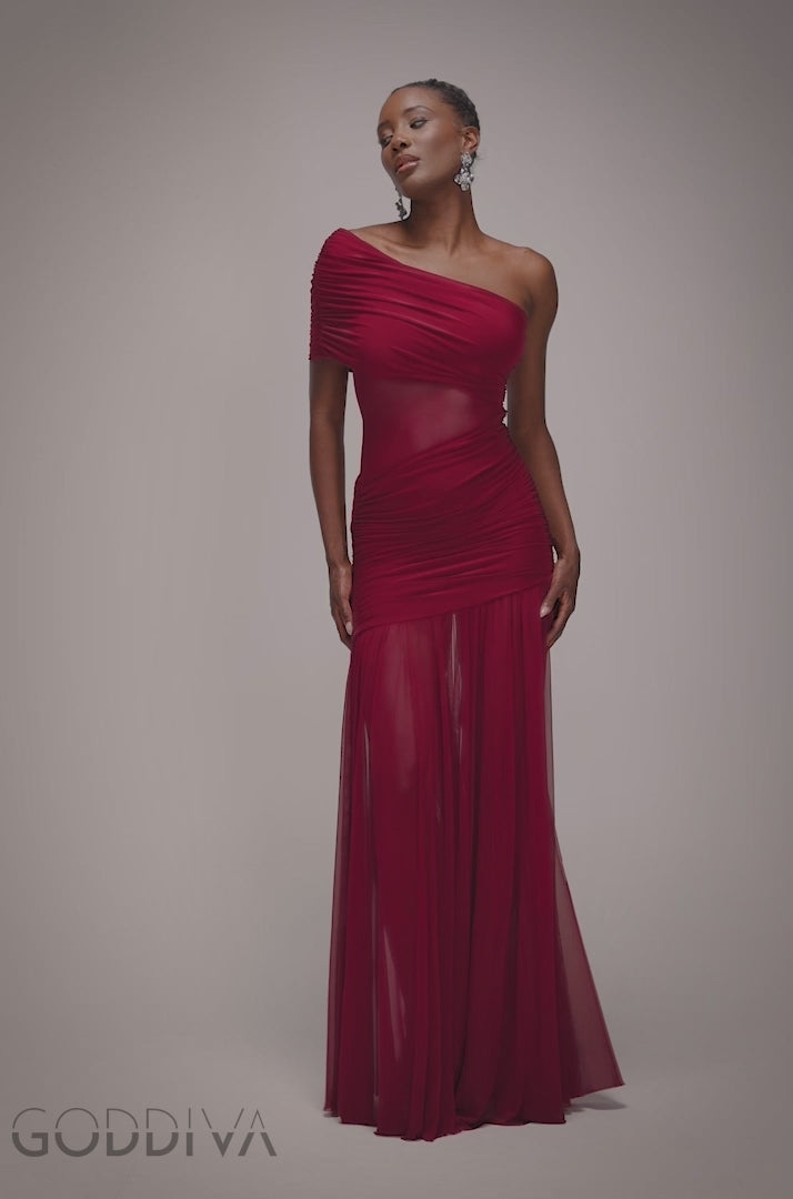 Gathered One Shoulder Sheer Panel Maxi Dress - Wine DR4828