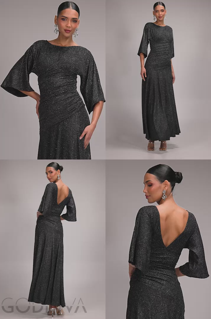 Lurex Kimono Sleeve Gathered Waist Maxi Dress - Black DR5196