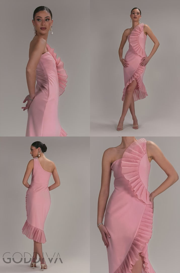 One Shoulder Pleated Fan Midi Dress - Blush Pink DR4872