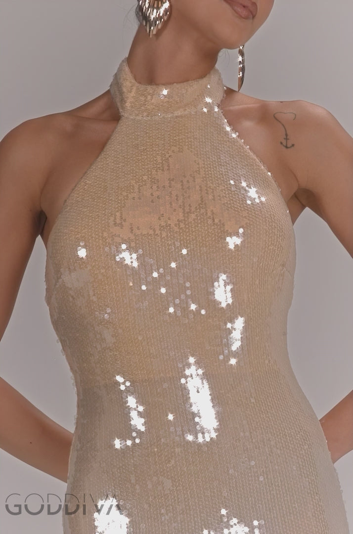 Sequin Open Back Halter Neck Maxi Dress - Nude DR5237