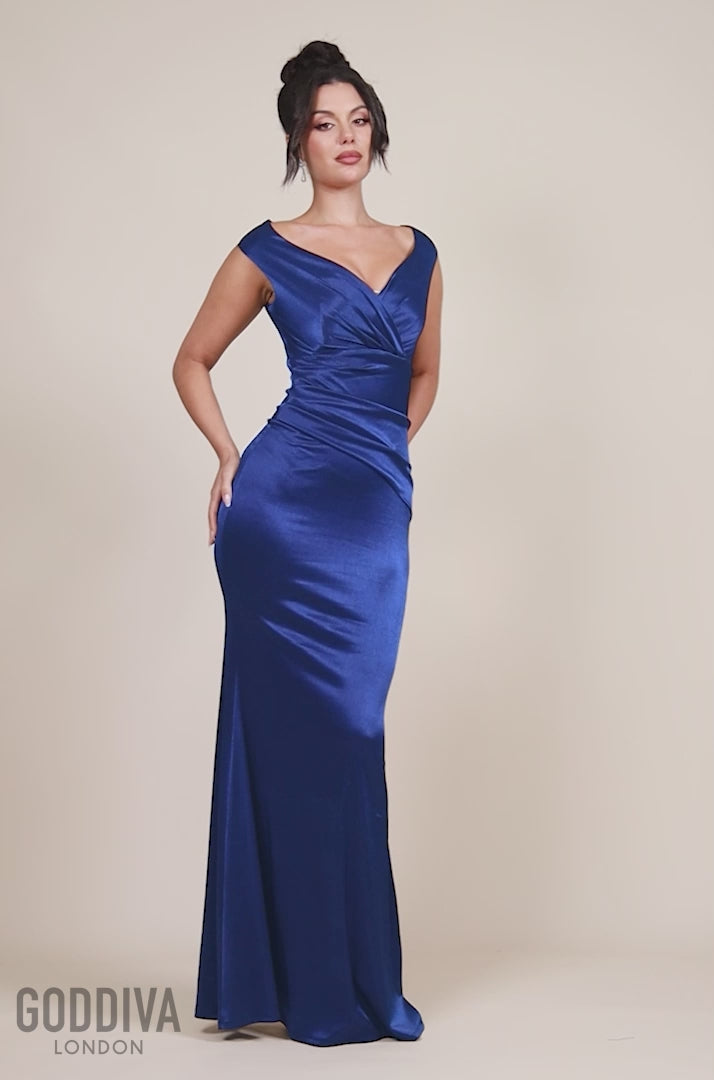 Satin Off The Shoulder Maxi Dress - Navy Blue DR3580