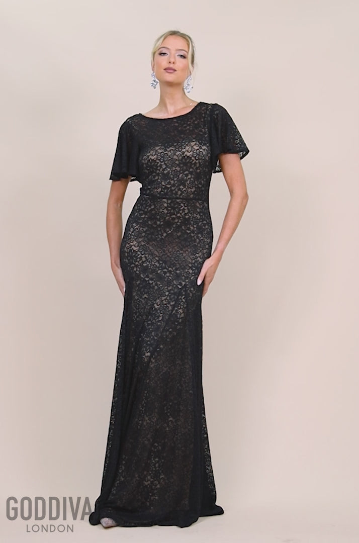 Flutter Sleeve Lace A-Line Maxi Dress - Black DR4361