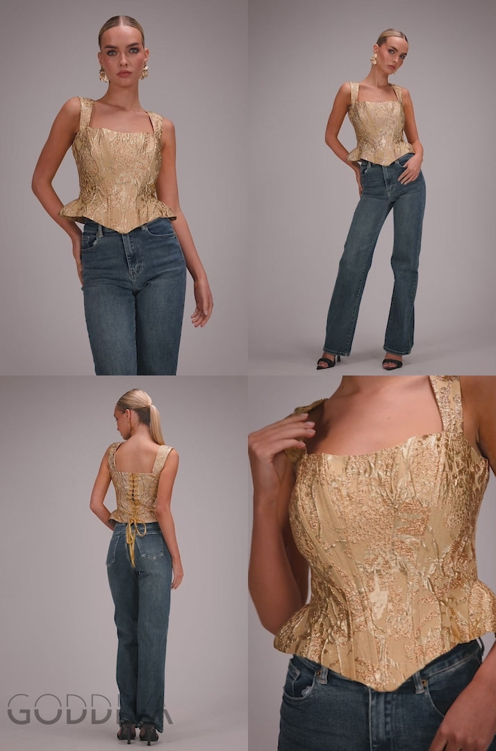 Sleeveless Jacquard Lace Up Back Corset - Gold T265