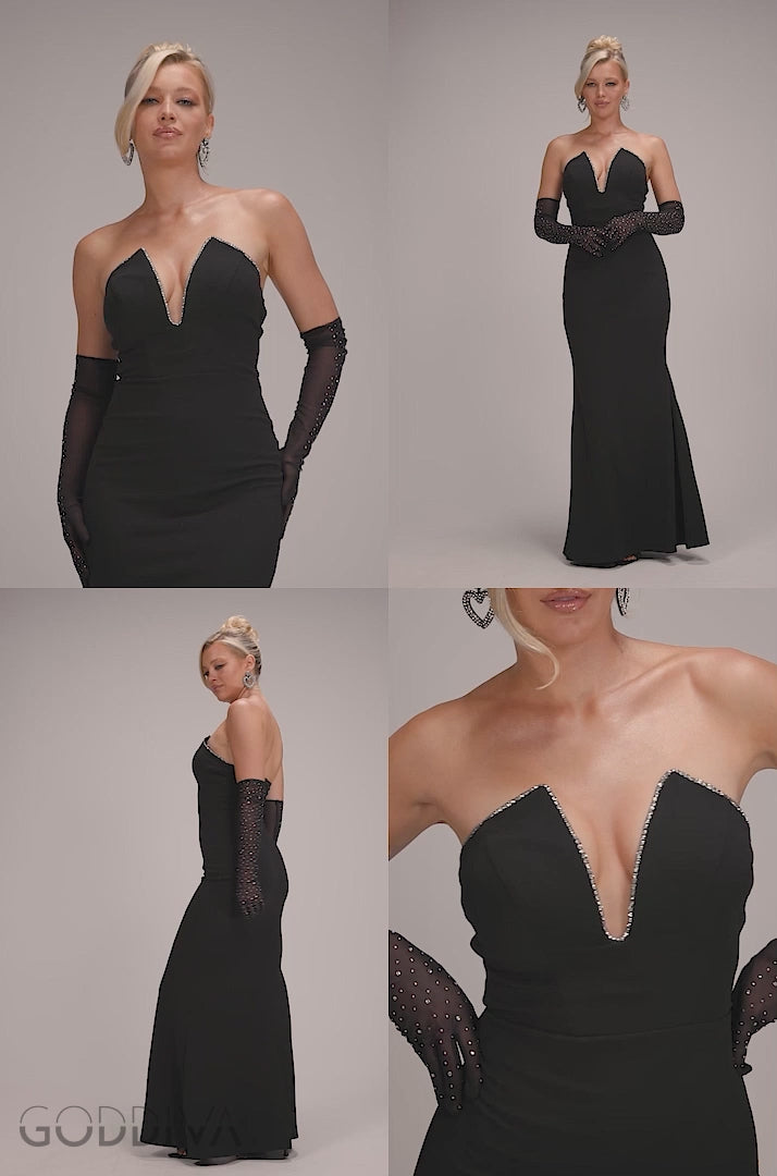 Strapless Super Plunge Diamante Neck Maxi Dress - Black DR4716