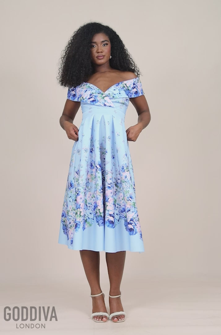 Bardot Floral Print A-Line Scuba Foam Midi Dress - Blue DR4228