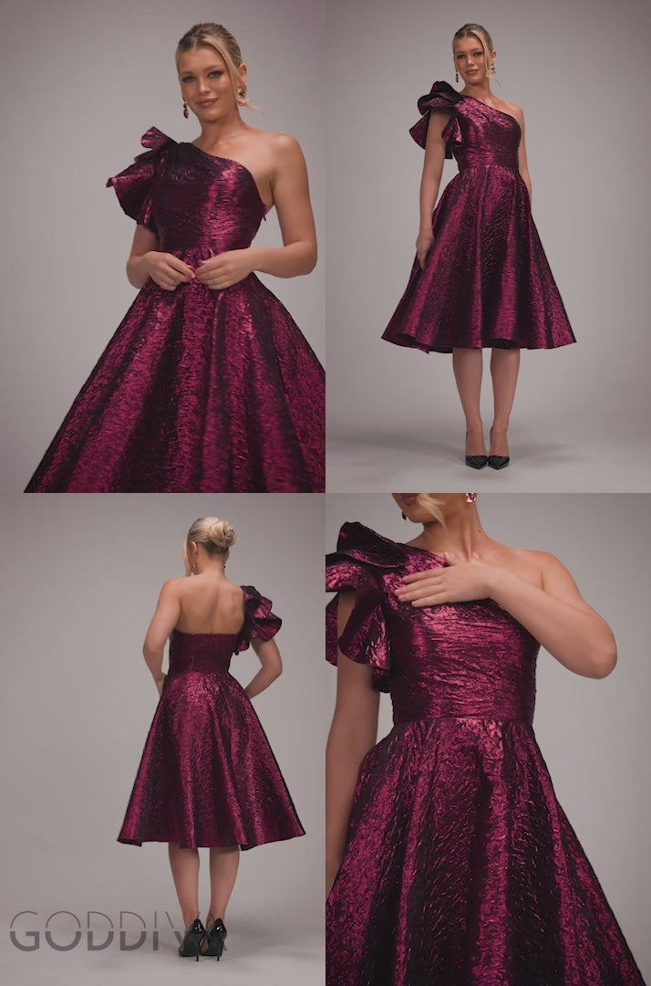 One Shoulder Frill Jacquard Skater Midi Dress - Burgundy Red DR4811