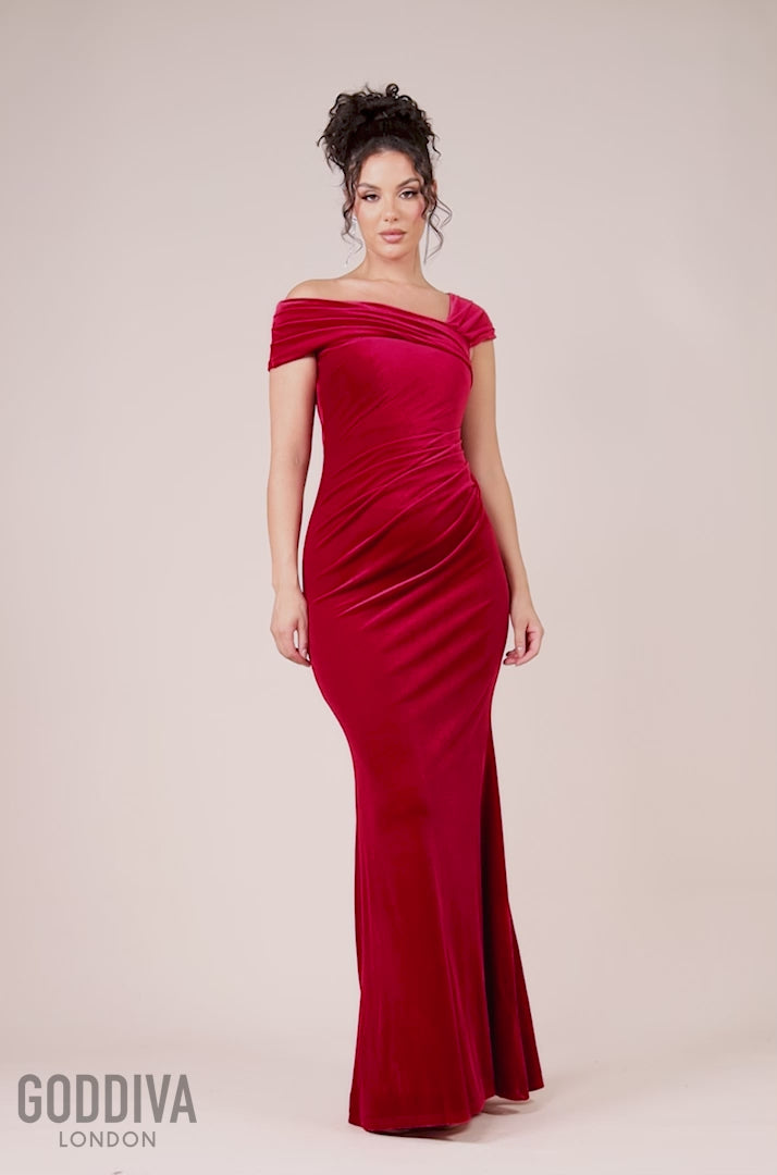 One Shoulder Velvet Maxi Dress - Red DR4578