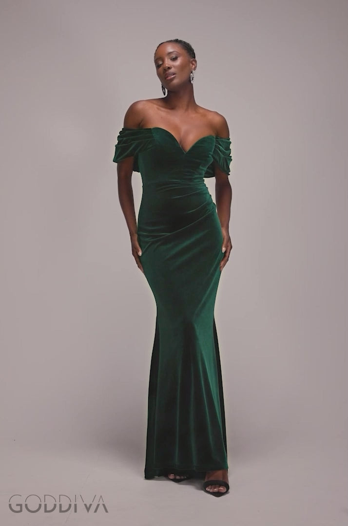 Off The Shoulder Deep Plunge Velvet Maxi Dress - Emerald Green DR4692