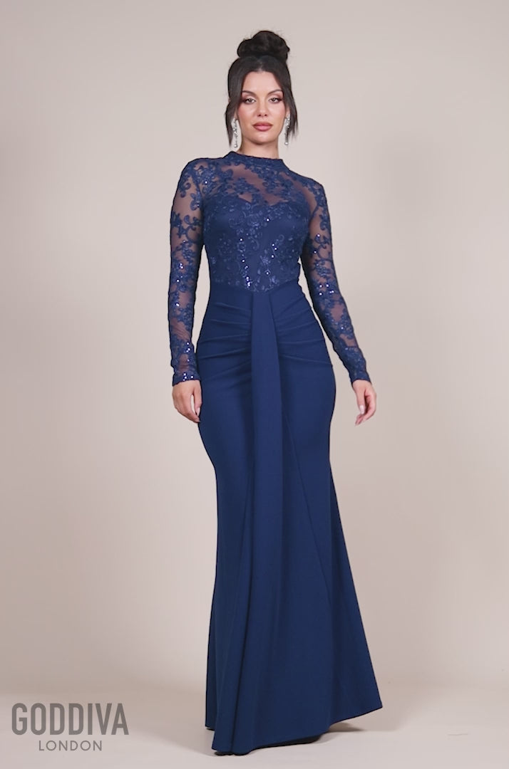 Sequin & Mesh Bodice Scuba Maxi Dress - Navy DR4391