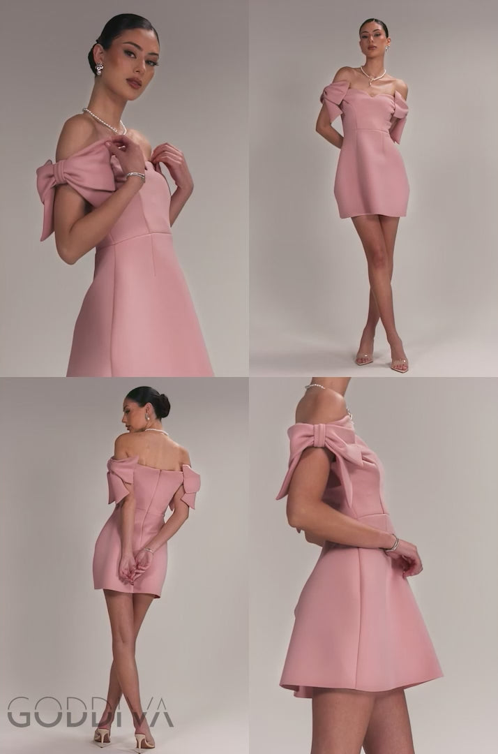 Bardot Plunge Neck Bow Sleeve Skater Mini Dress - Blush Pink DR5125