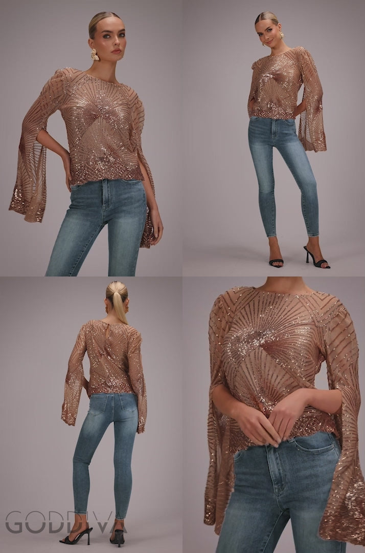 Sequin Starburst Cape Sleeve Top - Champagne T224