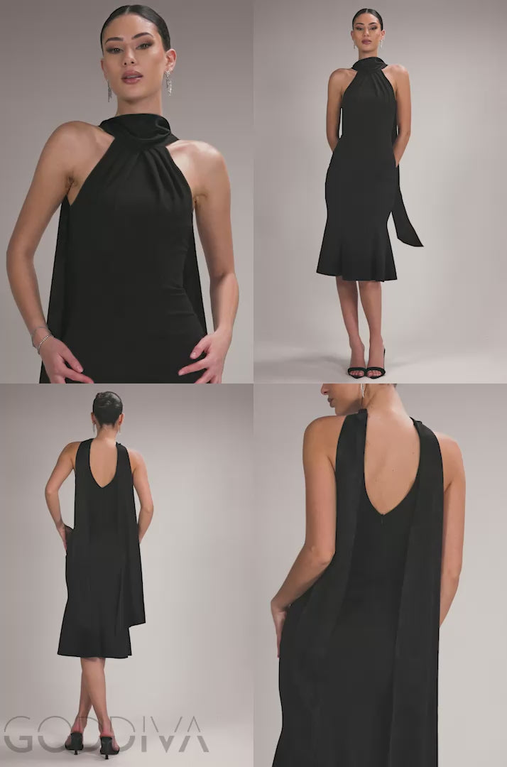Tie Knot Neck Scuba Crepe Midi Dress With Sash Detail - Black DR5022