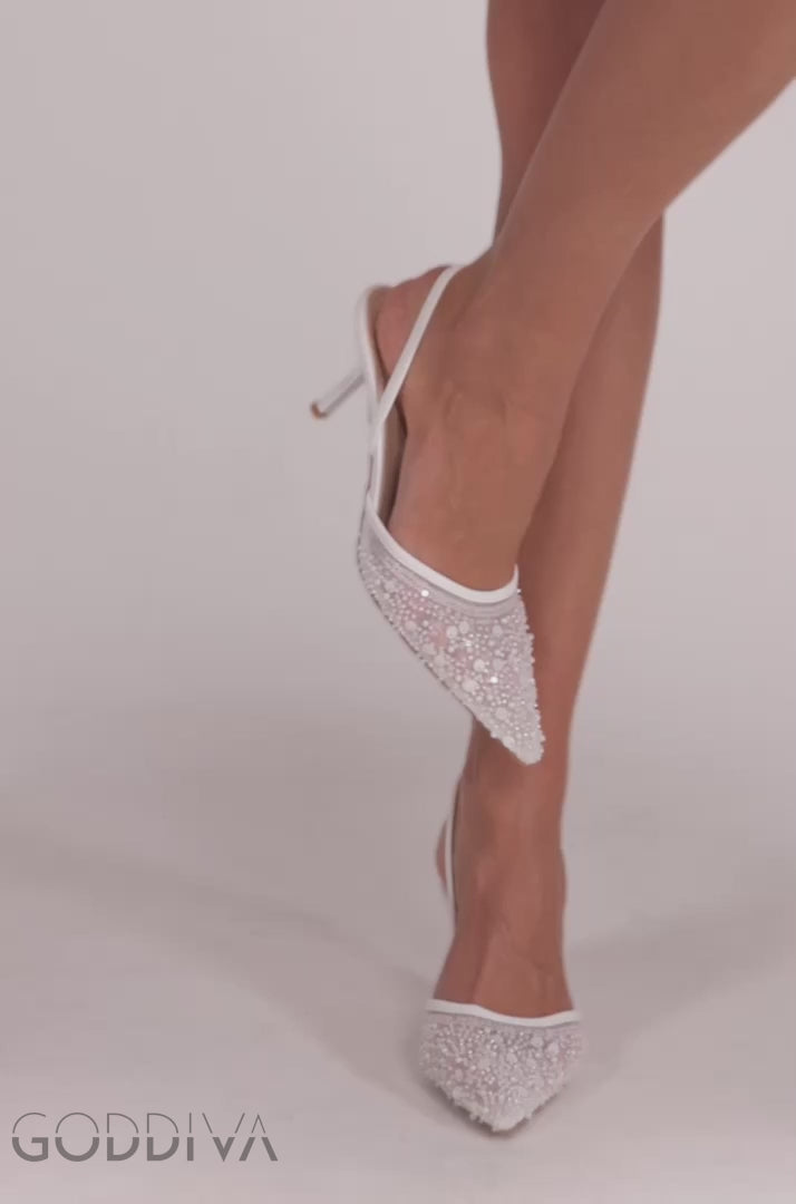 Beaded Sequin Low Heel Slingback Shoes - White SH15