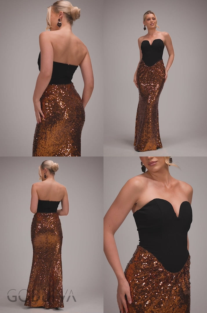 Scuba Crepe & Sequin Dipped Waist Strapless Maxi Dress - Bronze DR4822