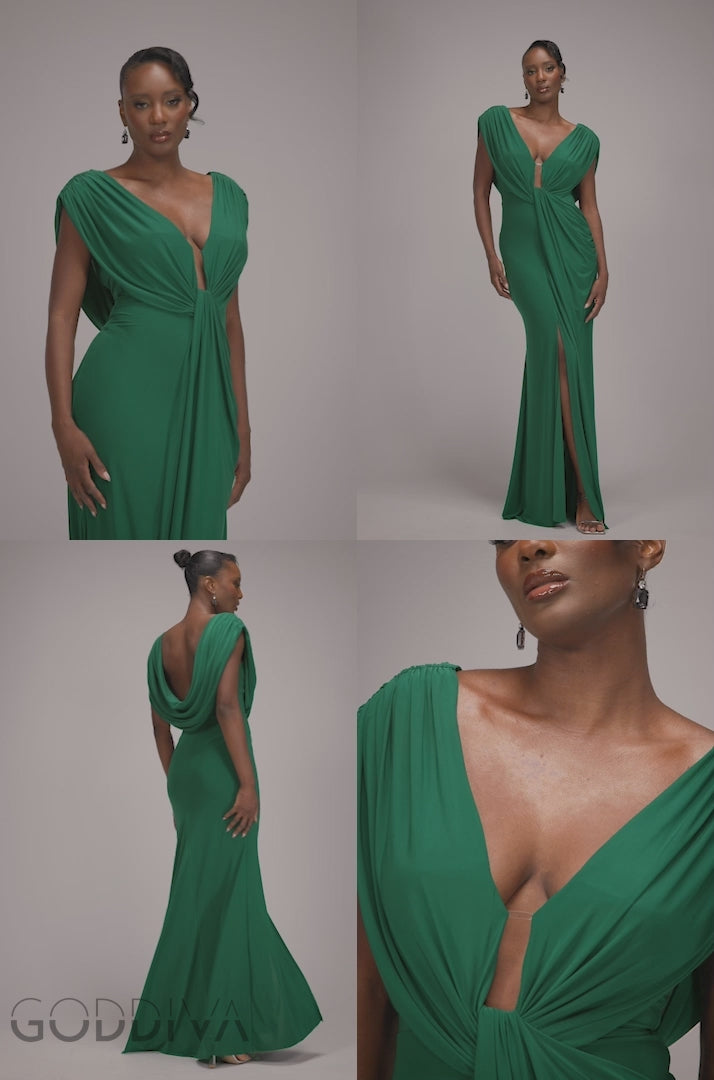 Cowl Plunge Draped Mermaid Maxi Dress - Emerald Green DR4879
