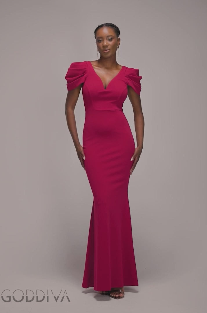 Plunging Neck Pleated Sleeves Scuba Maxi Dress - Burgundy Red DR4820