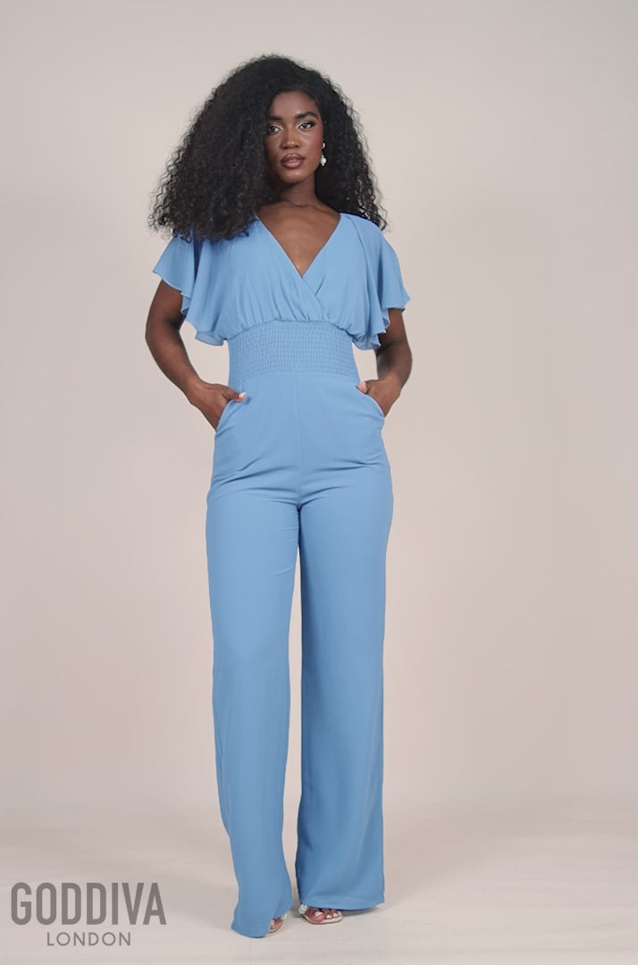 Chiffon Jumpsuit With Flutter Sleeves - Blue TR352