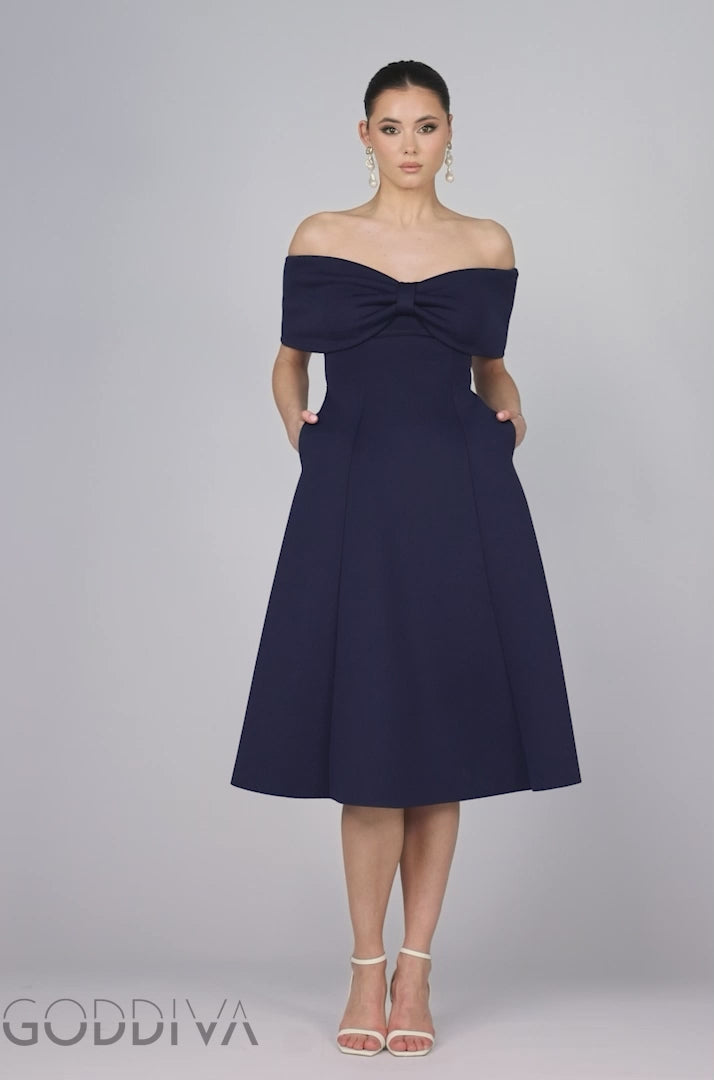 Bow Off The Shoulder A Line Midi Dress - Navy Blue DR4730