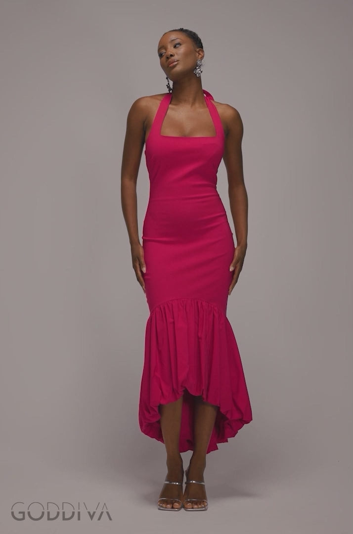 Halter Neck Puff Hem Mermaid Midaxi Dress - Red DR4747