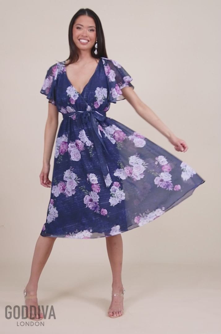 Printed Lurex A-Line Flutter Sleeve Midi Dress - Navy DR4516