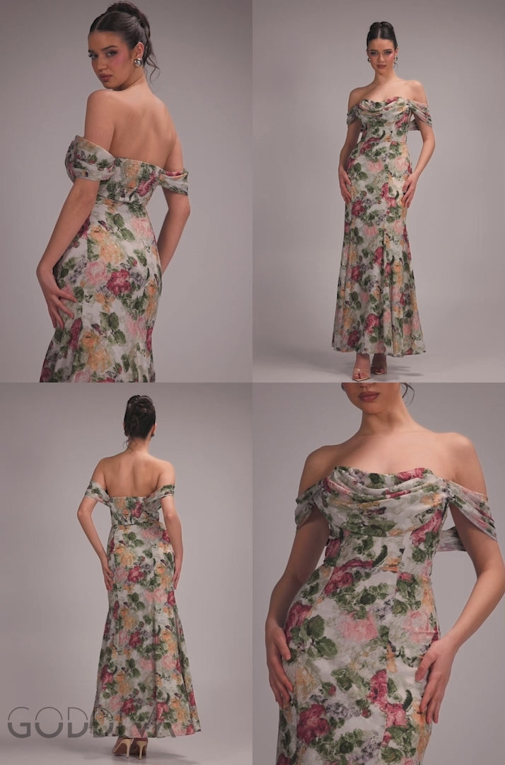 Cowl Neck Floral Print Jacquard Chiffon Maxi Dress - Cream DR4583