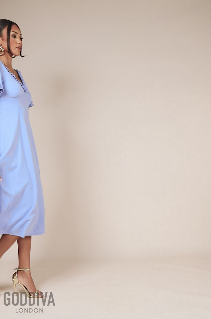 Flare Sleeve Frill Edge Midi Dress - Cornflower Blue DR4313