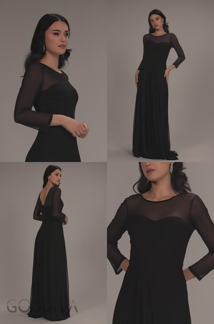 Sheer Sleeve Dobby Mesh Sweetheart A Line Maxi Dress - Black DR5270