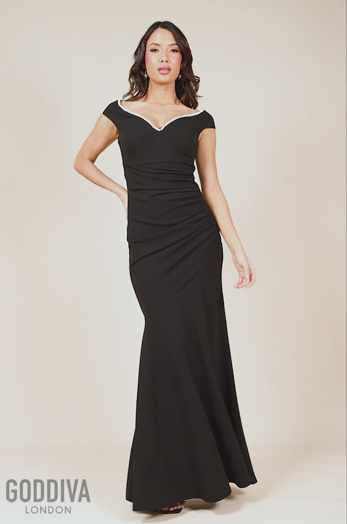 Pearl Detail Scuba Crepe Maxi Dress - Black DR4139